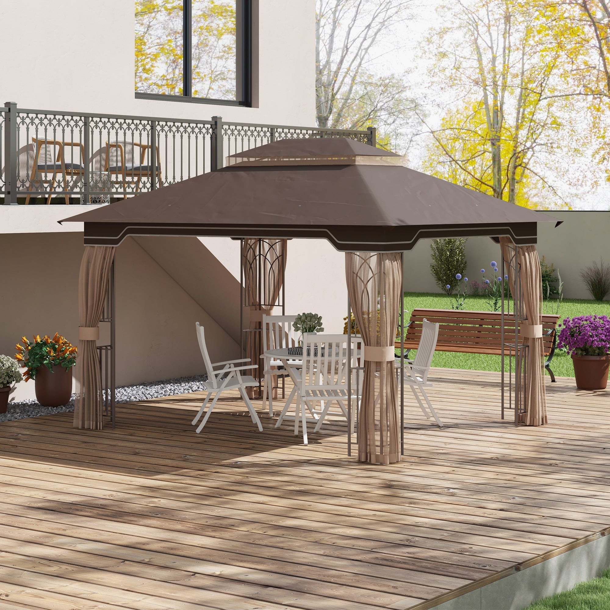 12' x 10' Soft-top Patio Gazebo Covered Gazebo Backyard Tent with Double Tier Roof and Netting Sidewalls, Brown Gazebos   at Gallery Canada