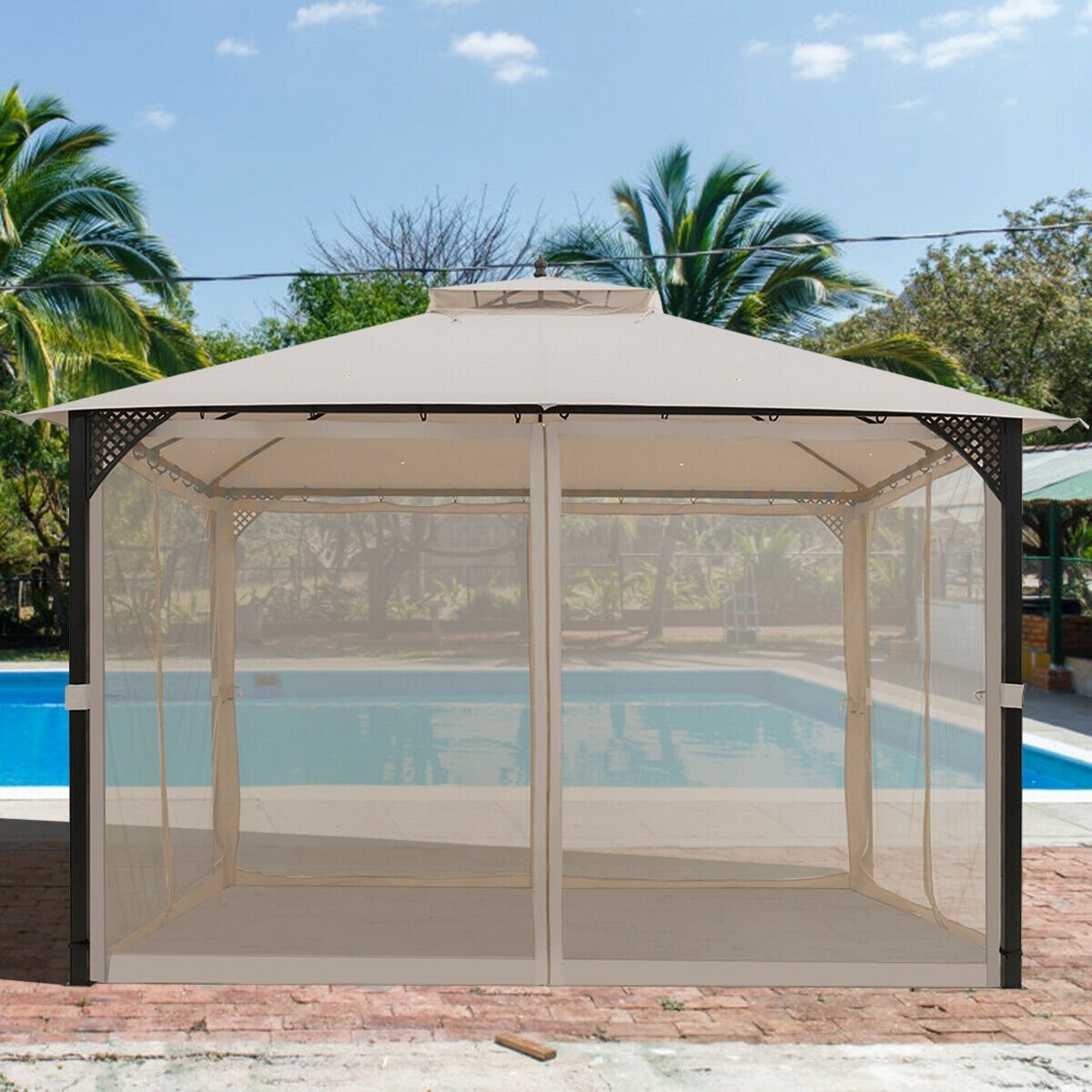 12’ x 10’Outdoor Double Top Patio Gazebo, Beige Gazebos   at Gallery Canada