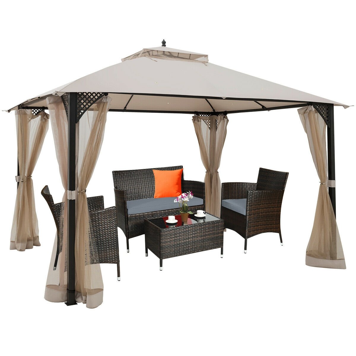 12’ x 10’Outdoor Double Top Patio Gazebo, Beige Gazebos   at Gallery Canada