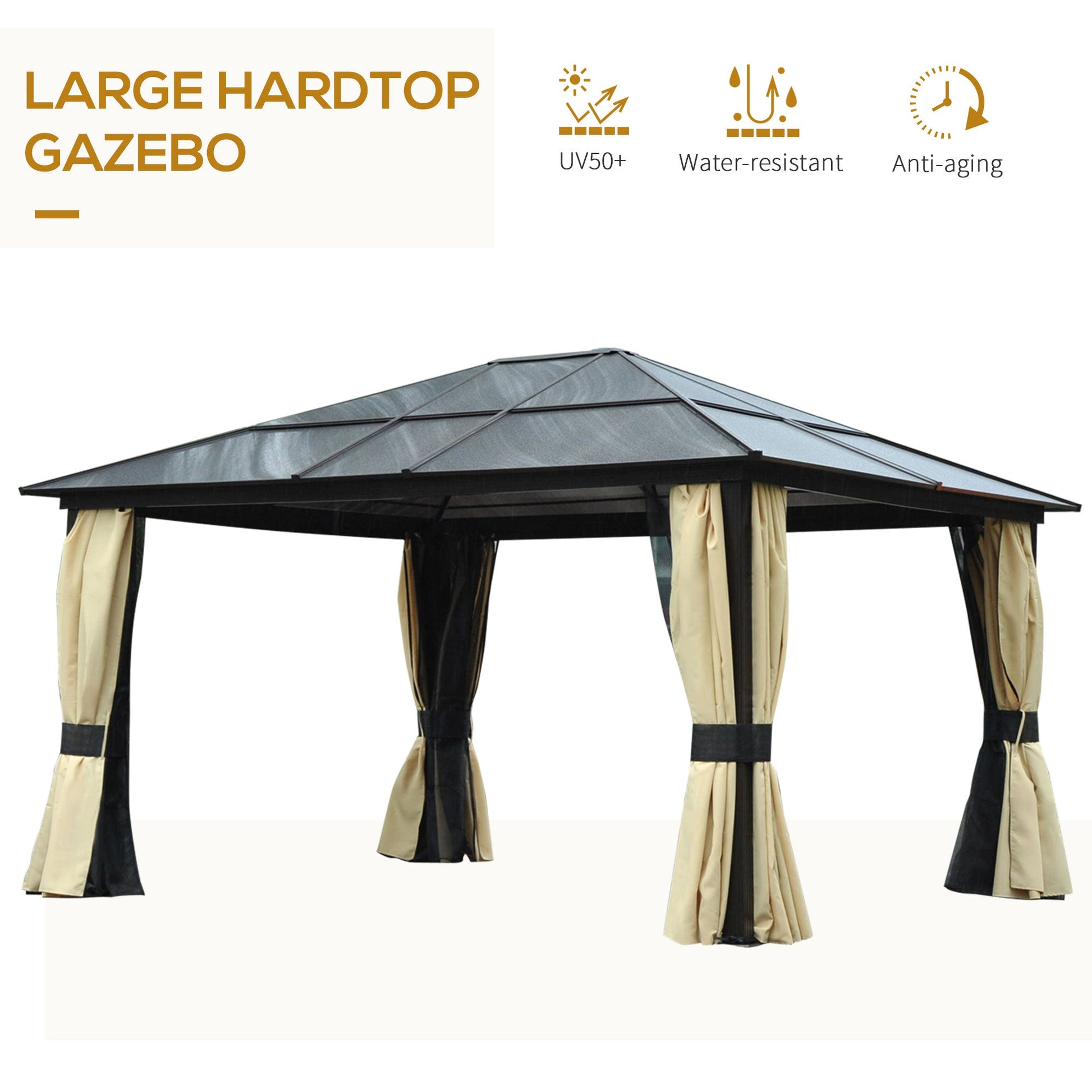 12' x 14' Deluxe Hard Top Patio Gazebo Canopy Garden Aluminum Shelter with Curtains and Mosquito Netting Gazebos   at Gallery Canada