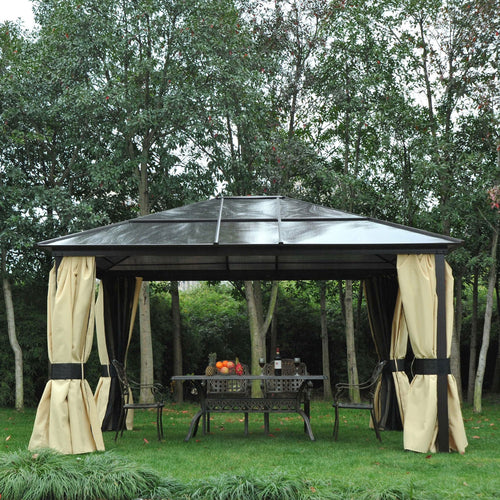 12' x 14' Deluxe Hard Top Patio Gazebo Canopy Garden Aluminum Shelter with Curtains and Mosquito Netting