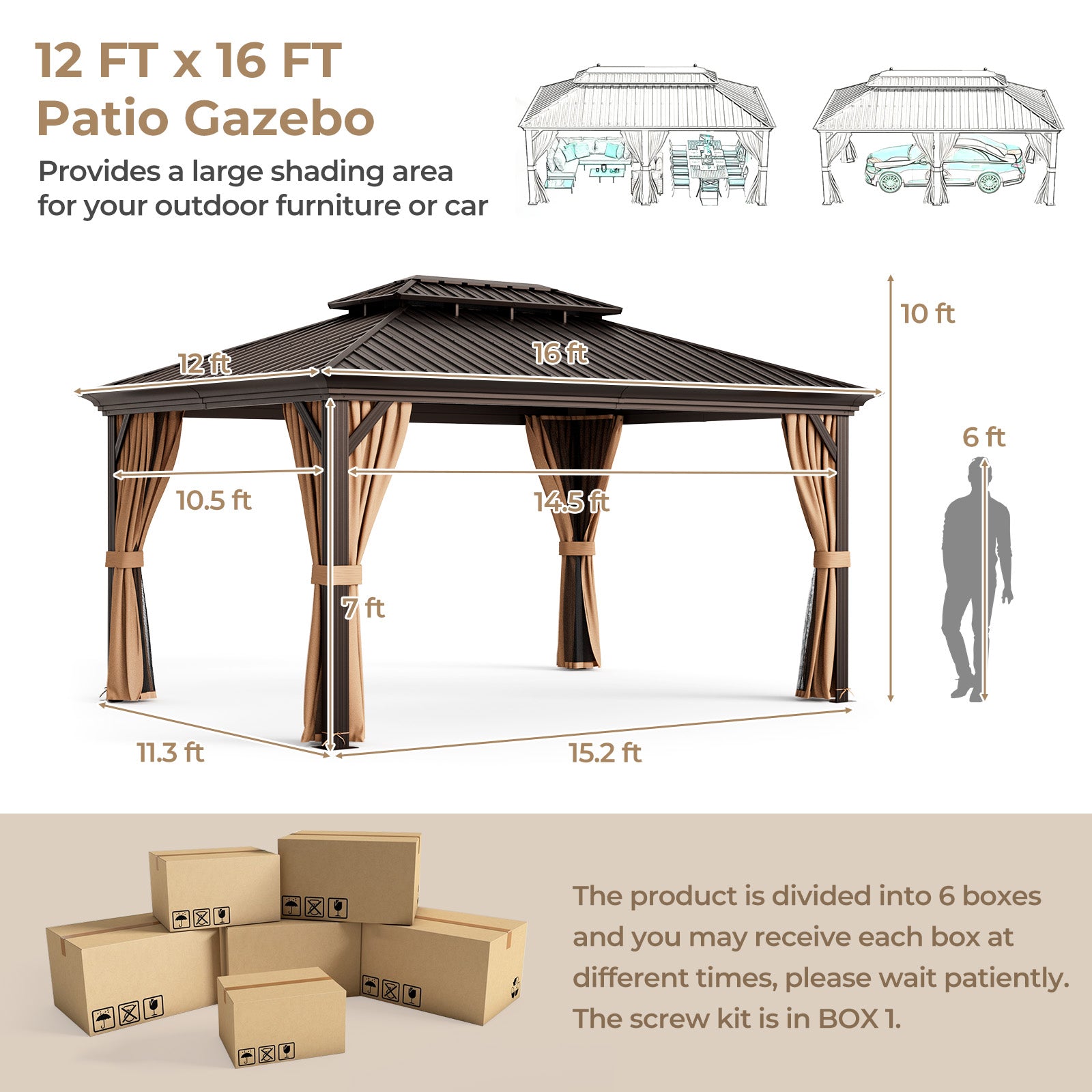 12' x 16' Double-Roof Hardtop Gazebo with Galvanized Steel Roof, Coffee Gazebos   at Gallery Canada