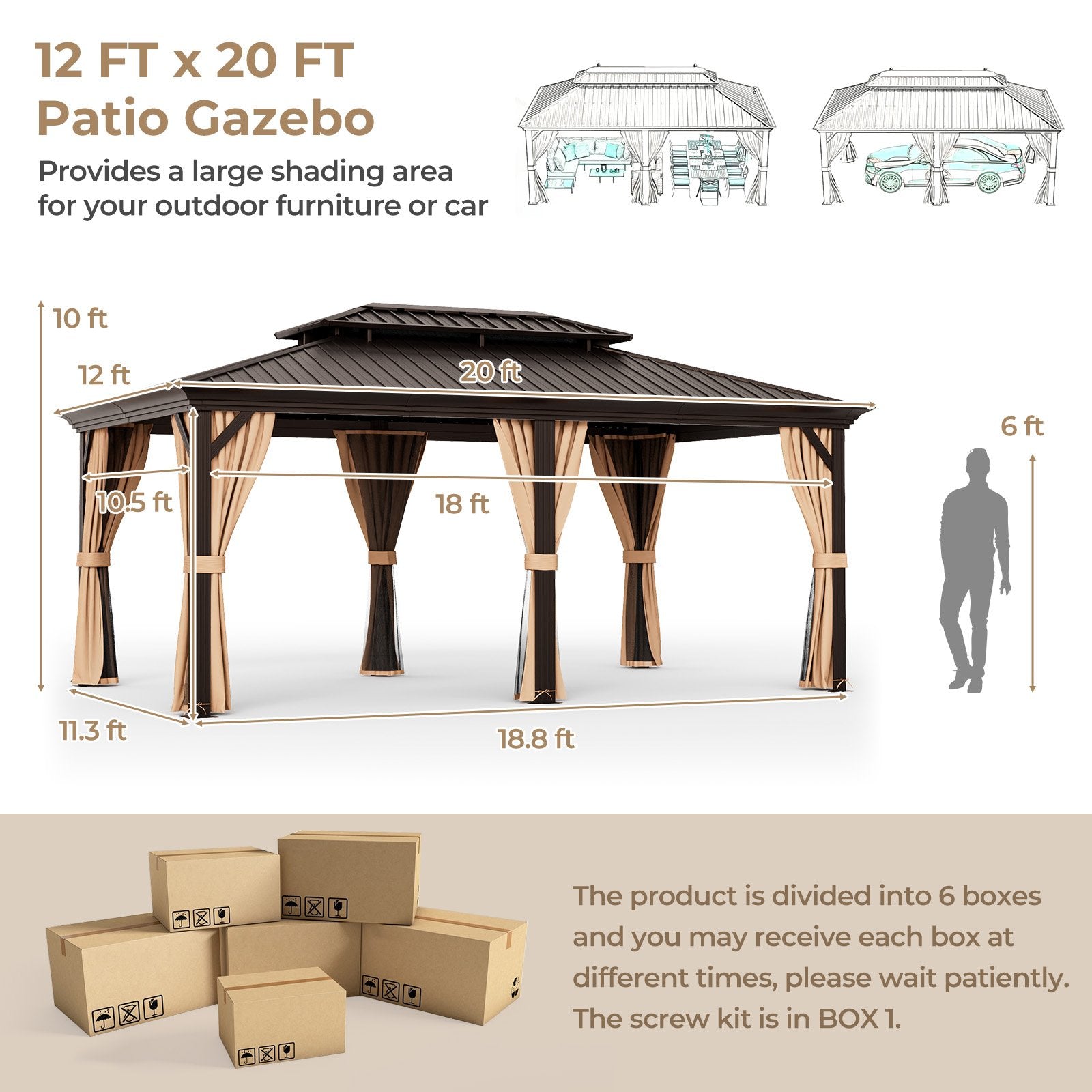 12' x 20' Double-Roof Hardtop Gazebo with Galvanized Steel Roof, Coffee Gazebos   at Gallery Canada