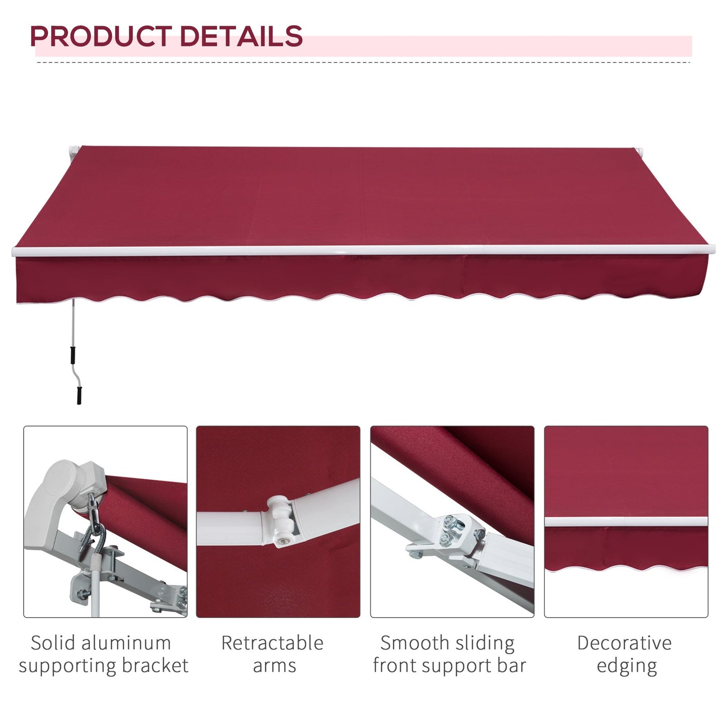 12' x 8' Retractable Patio Awning Sunshade Shelter with Manual Crank Handle UV &; Water-Resistant for Deck Balcony Red Patio Awnings   at Gallery Canada