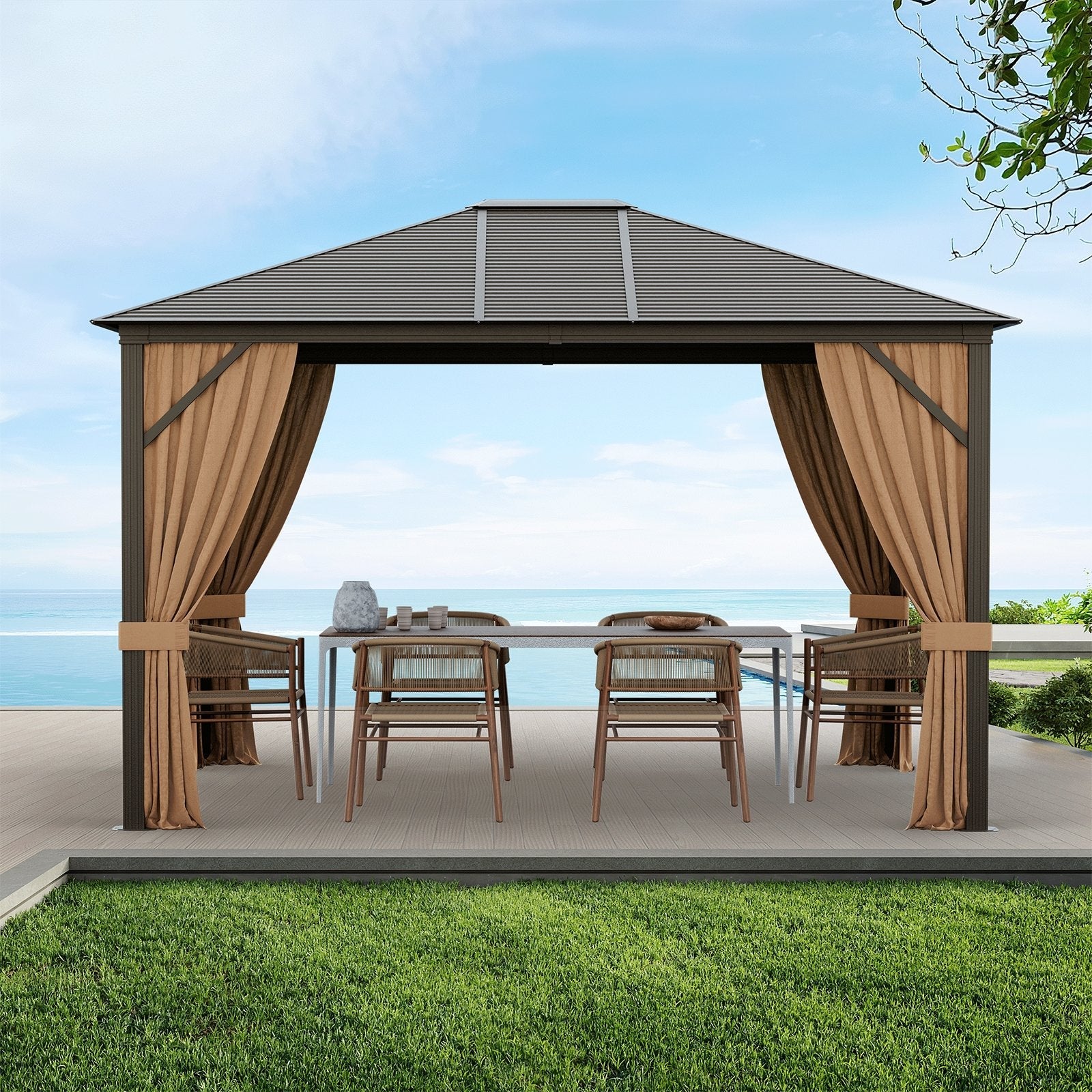 12 x10 Feet Outdoor Hardtop Gazebo with Galvanized Steel Top and Netting, Brown Gazebos   at Gallery Canada