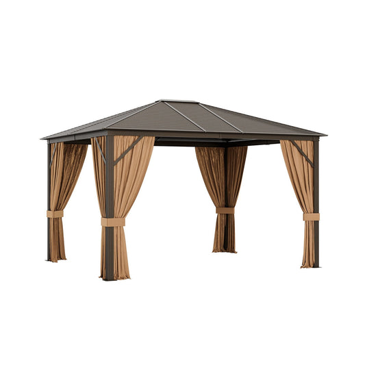 12 x10 Feet Outdoor Hardtop Gazebo with Galvanized Steel Top and Netting, Brown Gazebos   at Gallery Canada