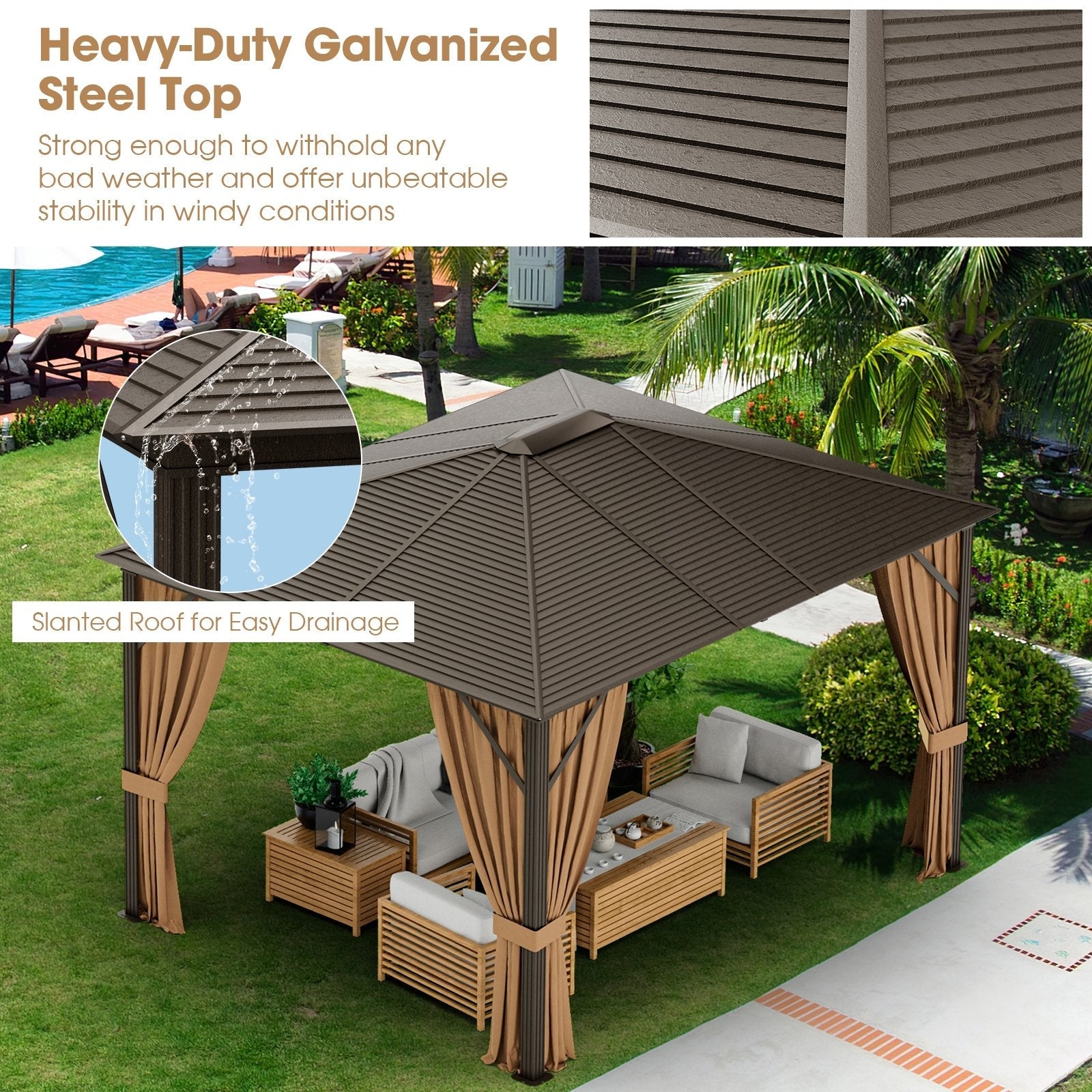 12 x10 Feet Outdoor Hardtop Gazebo with Galvanized Steel Top and Netting, Brown Gazebos   at Gallery Canada