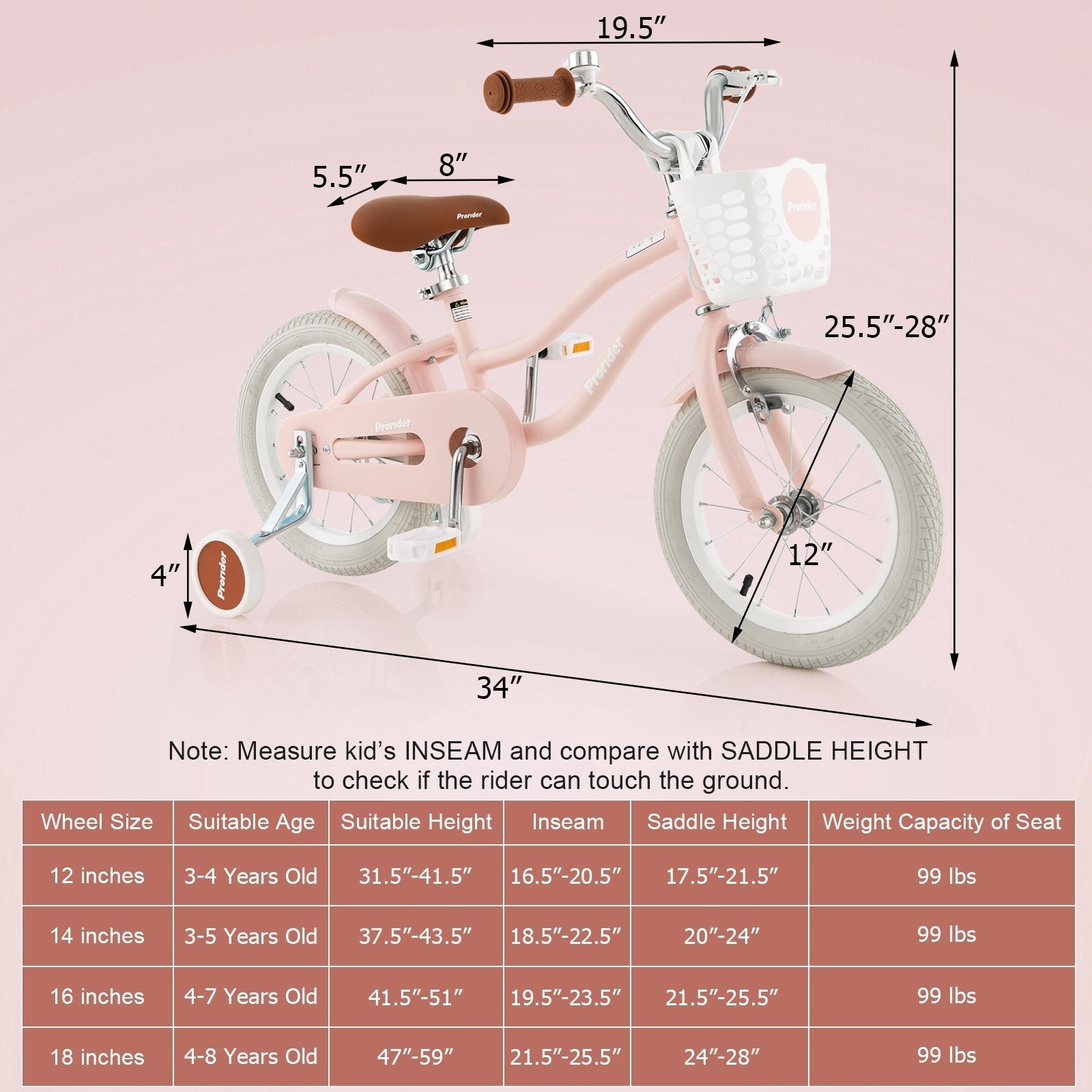 12"/14"/16"/18" Kids Bike with Training Wheels for Boys Girls Ages 3-8 Years-12 inches, Pink Kids Bike   at Gallery Canada