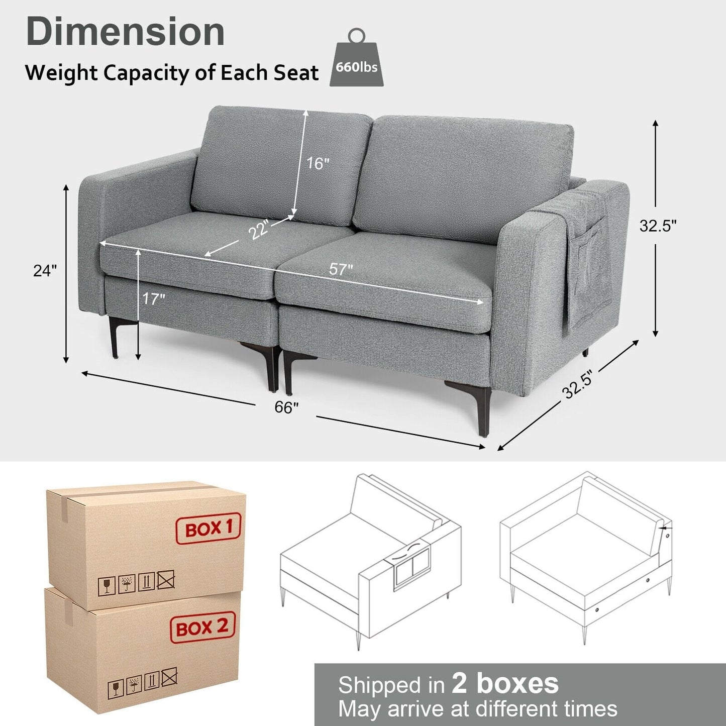 1/2/3/4-Seat Convertible Sectional Sofa with Reversible Ottoman-2-Seat, Gray Sofas & Loveseats   at Gallery Canada