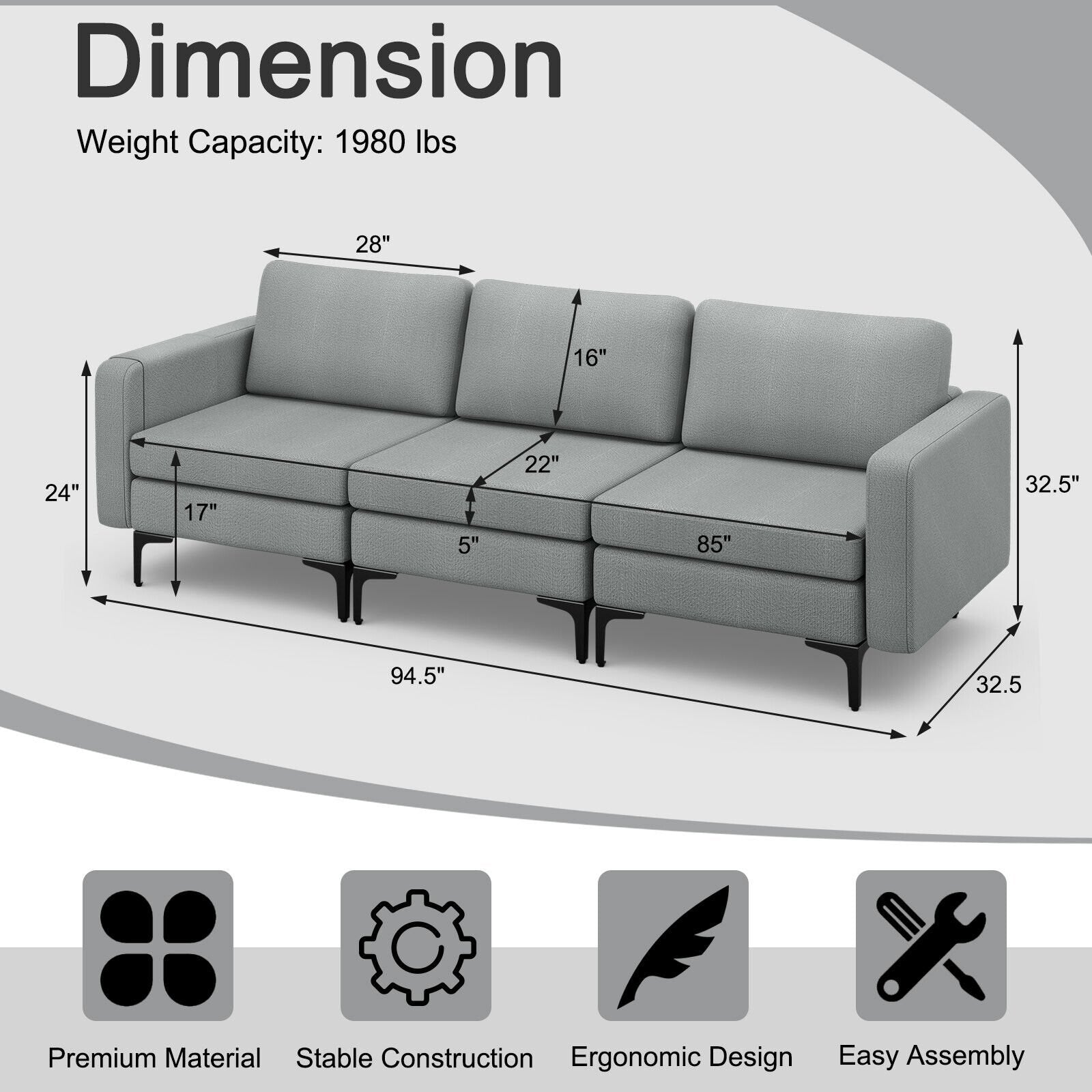 1/2/3/4-Seat Convertible Sectional Sofa with Reversible Ottoman-3-Seat, Gray Sofas & Loveseats   at Gallery Canada