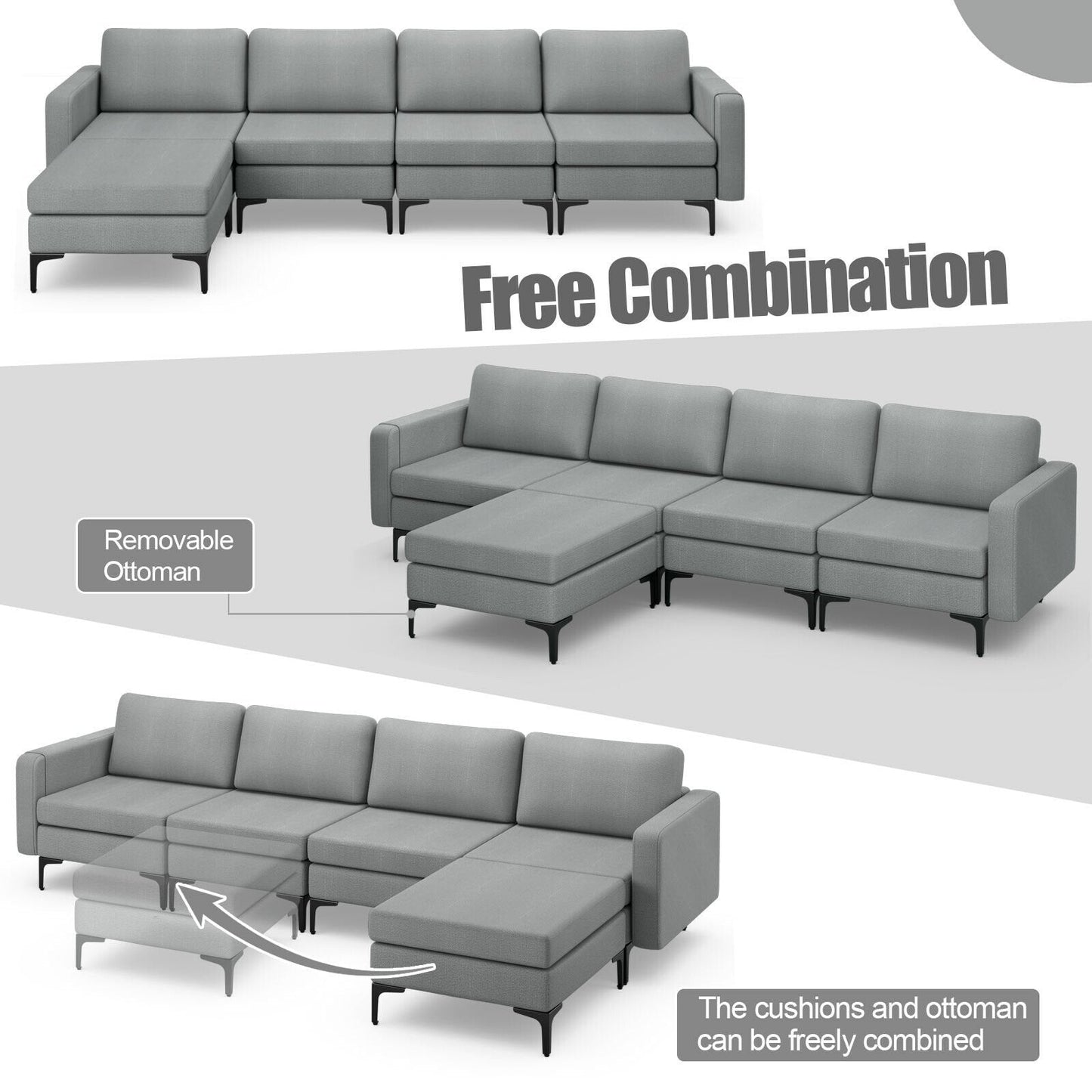 1/2/3/4-Seat Convertible Sectional Sofa with Reversible Ottoman-4-Seat L-shaped with 2 USB Ports, Gray Sofas & Loveseats   at Gallery Canada