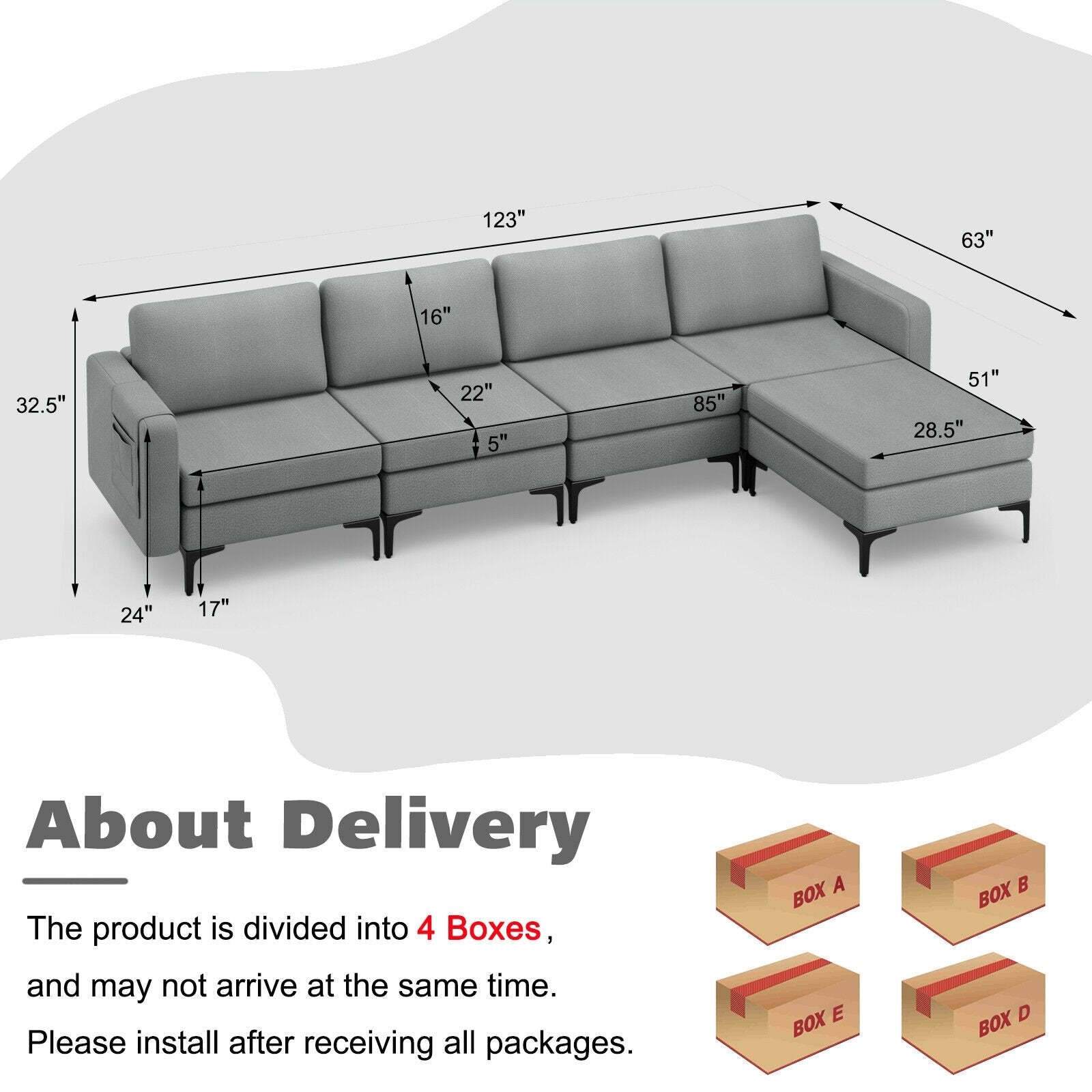 1/2/3/4-Seat Convertible Sectional Sofa with Reversible Ottoman-4-Seat L-shaped with 2 USB Ports, Gray Sofas & Loveseats   at Gallery Canada