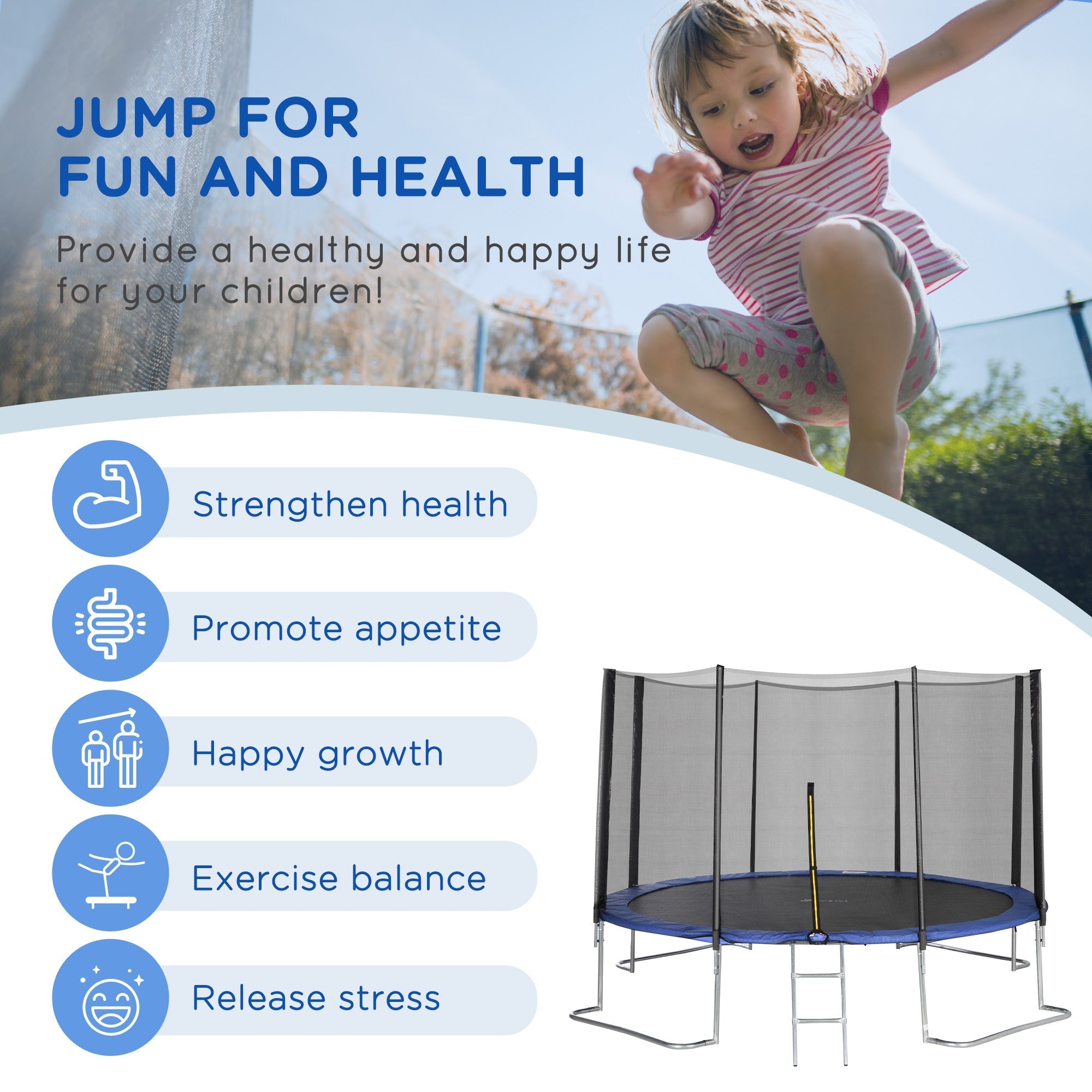 12ft Trampoline with Safety Enclosure Net and Non-Slip Ladder for Kids, Teens and Adults Indoor and Outdoor Use, Blue Trampolines   at Gallery Canada