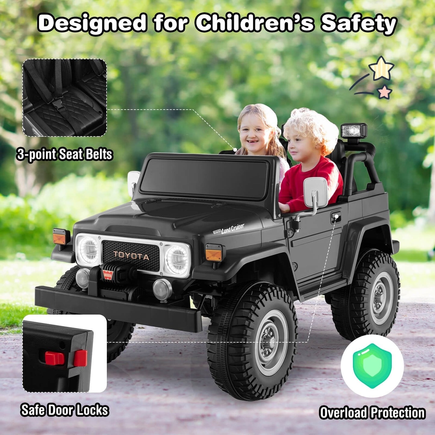 12V 2-Seat Licensed Kids Ride On Toyota FJ40 Car with 2.4G Remote Control, Black Powered Ride On Toys   at Gallery Canada