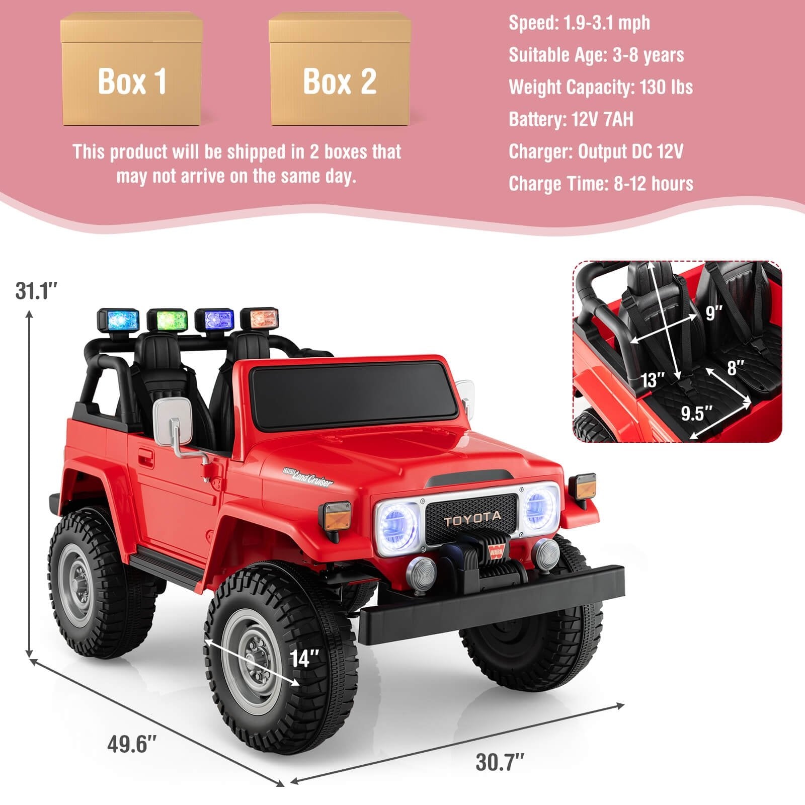 12V 2-Seat Licensed Kids Ride On Toyota FJ40 Car with 2.4G Remote Control, Red Powered Ride On Toys   at Gallery Canada