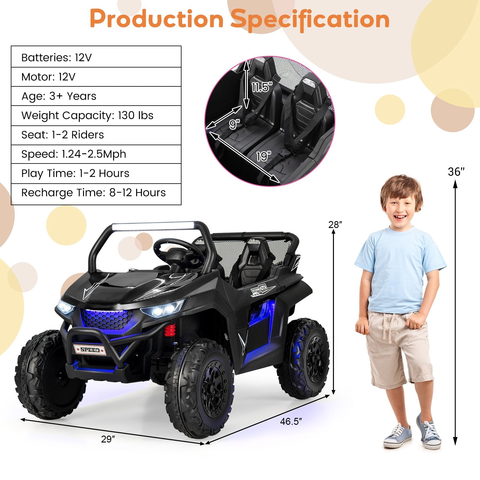 12V 2-Seater Kids Ride on UTV with Slow Start Function Music, Black Powered Ride On Toys   at Gallery Canada