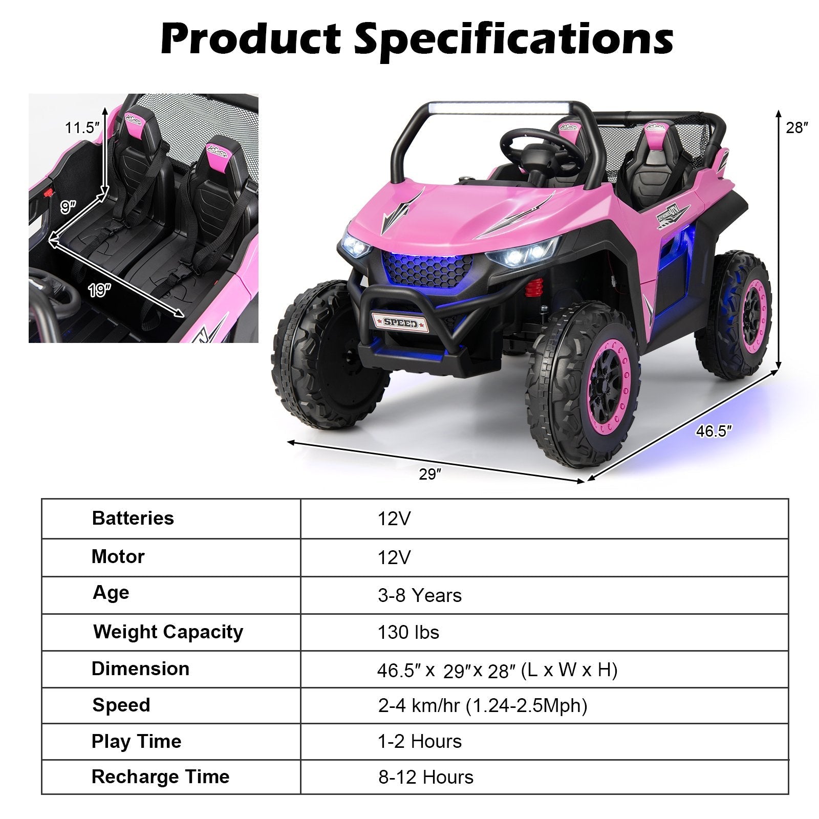 12V 2-Seater Kids Ride on UTV with Slow Start Function Music, Pink Powered Ride On Toys   at Gallery Canada