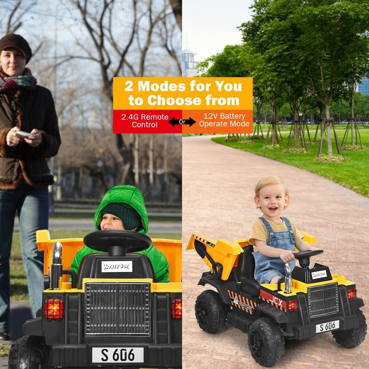 12V Battery Kids Ride On Dump Truck with Electric Bucket and Dump Bed, Yellow Powered Ride On Toys   at Gallery Canada