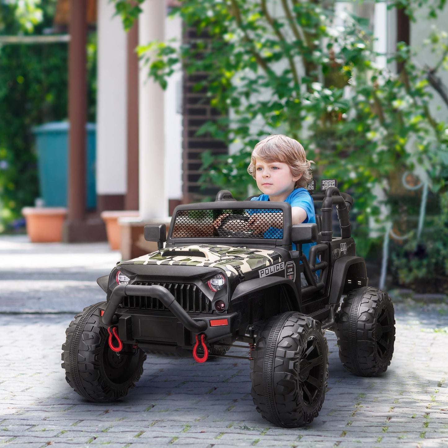 12V Battery-powered Kids Jeep Ride On Police Car 2-Seater with Parental Remote Camouflage - Gallery Canada