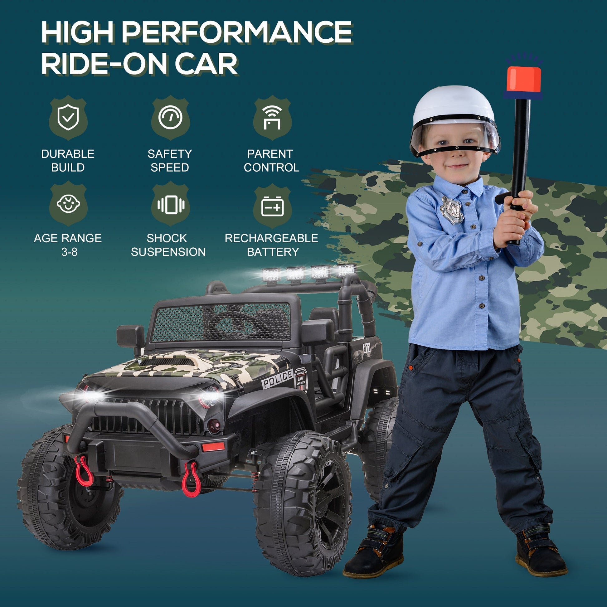 12V Battery-powered Kids Jeep Ride On Police Car 2-Seater with Parental Remote Camouflage - Gallery Canada