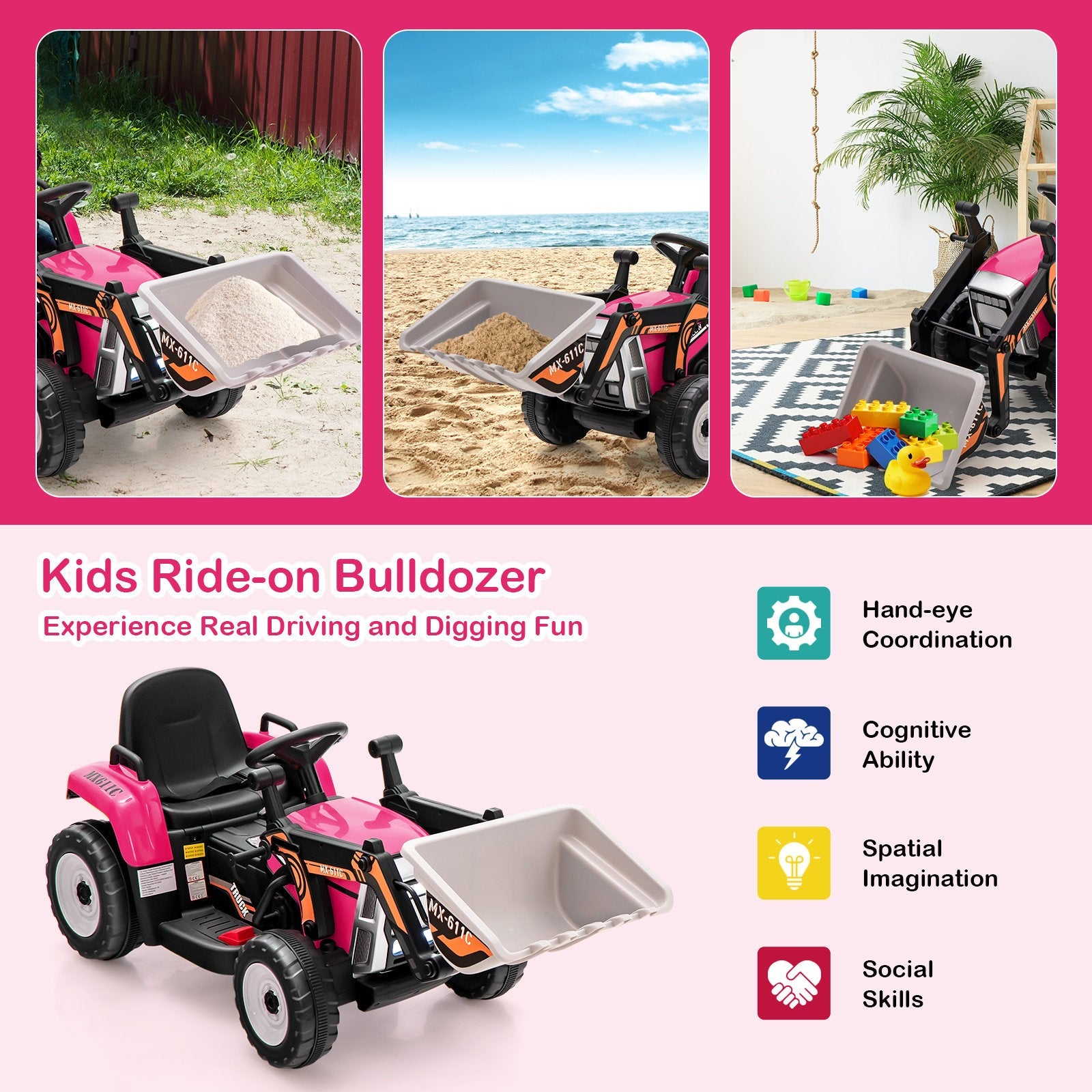 12V Battery Powered Kids Ride on Excavator with Adjustable Arm and Bucket, Pink Powered Ride On Toys   at Gallery Canada