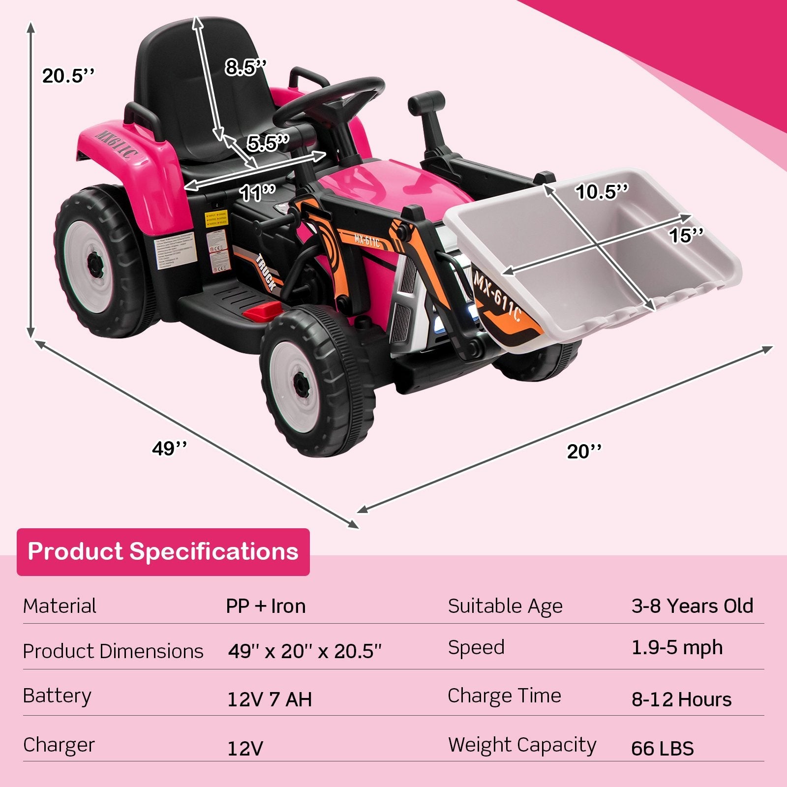 12V Battery Powered Kids Ride on Excavator with Adjustable Arm and Bucket, Pink Powered Ride On Toys   at Gallery Canada