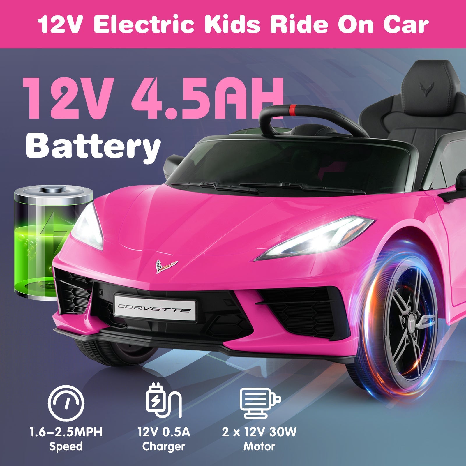 12V Electric Kids Ride On Car Licensed Chevrolet Corvette C8 with Remote Control Ages 3+ Years Old, Pink Powered Ride On Toys   at Gallery Canada