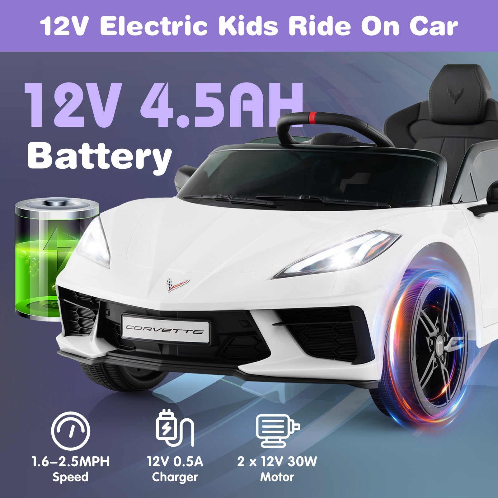 12V Electric Kids Ride On Car Licensed Chevrolet Corvette C8 with Remote Control Ages 3+ Years Old, White Powered Ride On Toys   at Gallery Canada