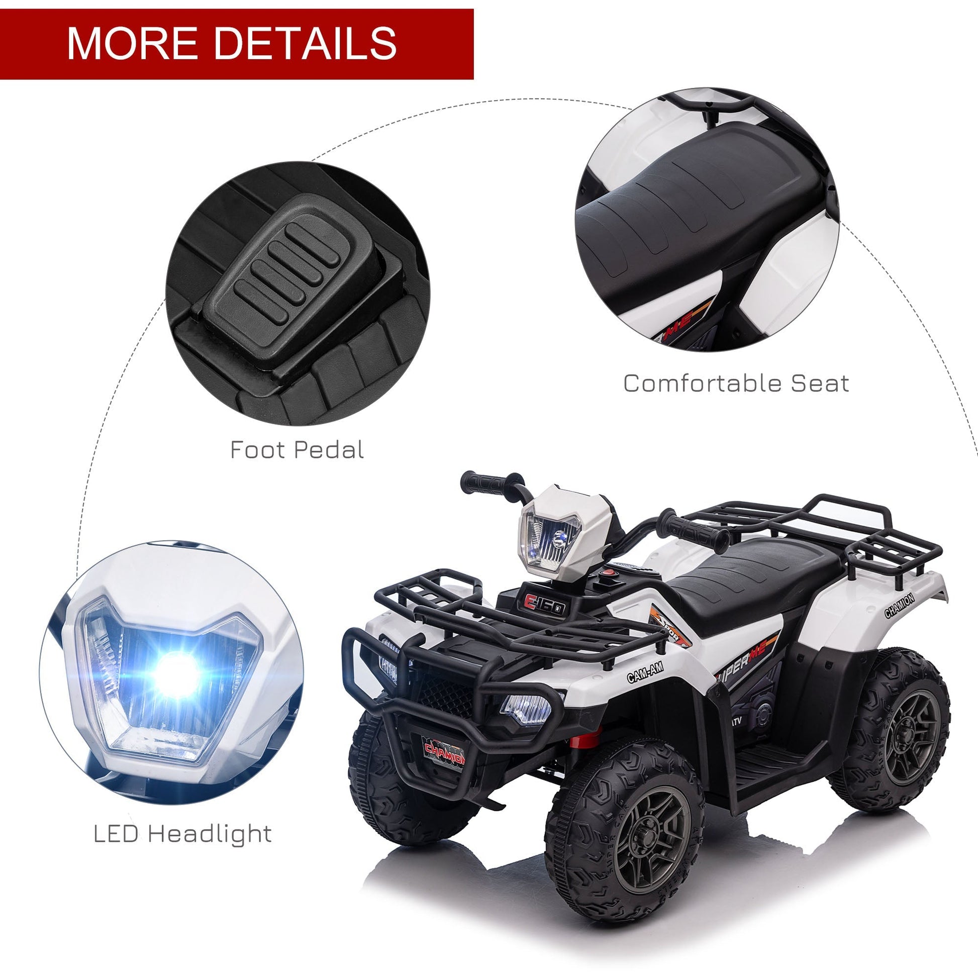 12V Kids ATV Quad with MP3, Headlights, High/Low Speed, Treaded Tires, White Electric Toy Cars   at Gallery Canada