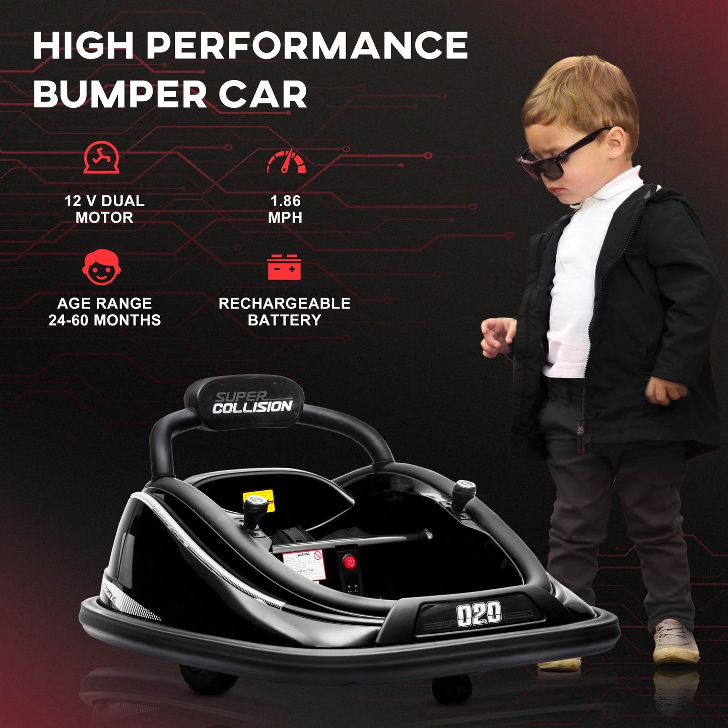 12V Electric Kids Bumper Car with Remote, LED Lights, Safety Belt, Black Electric Toy Cars   at Gallery Canada