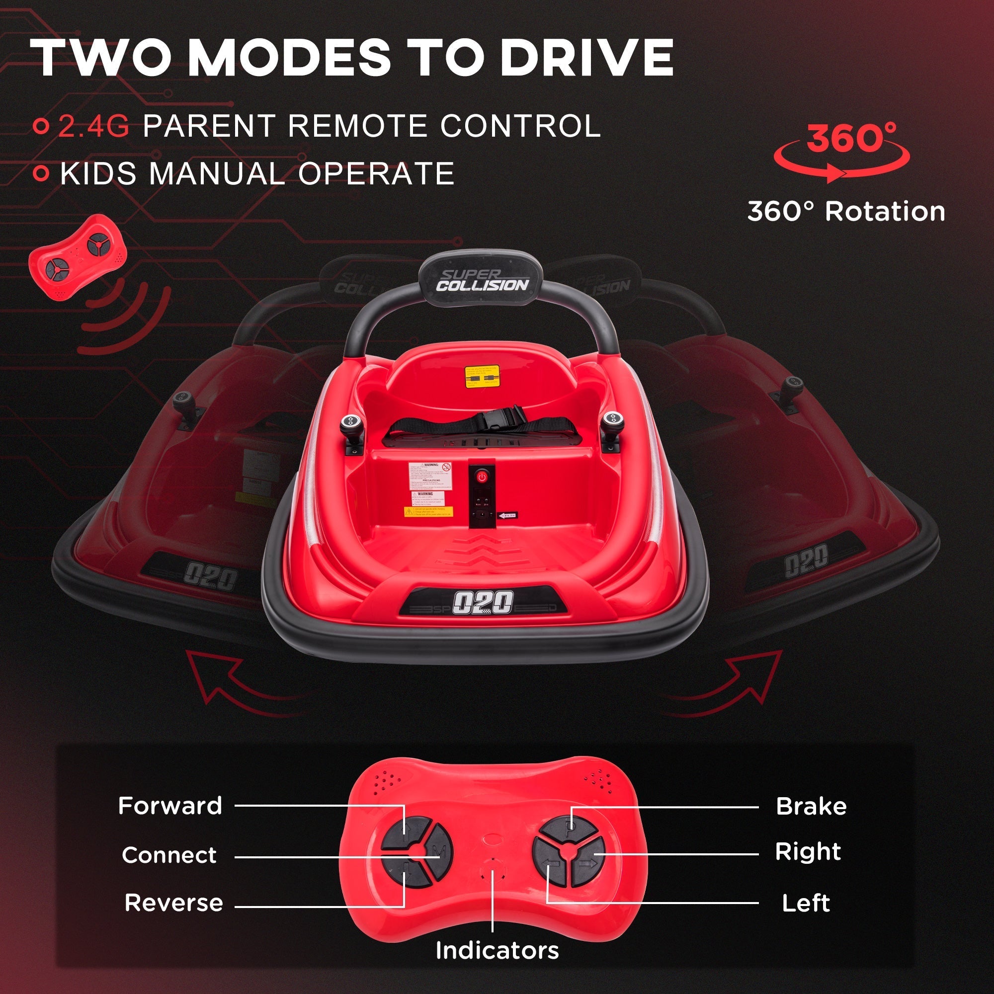 12V Electric Kids Bumper Car with Remote, 360° Rotation, LED Lights, Red Electric Toy Cars   at Gallery Canada