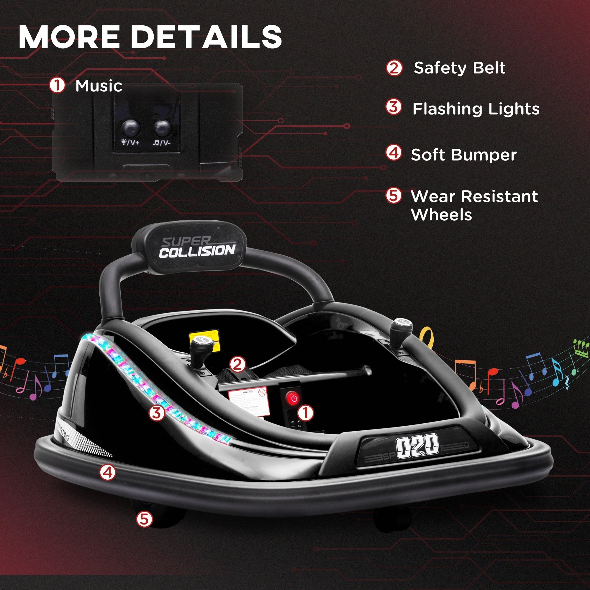 12V Electric Kids Bumper Car with Remote, LED Lights, Safety Belt, Black Electric Toy Cars   at Gallery Canada