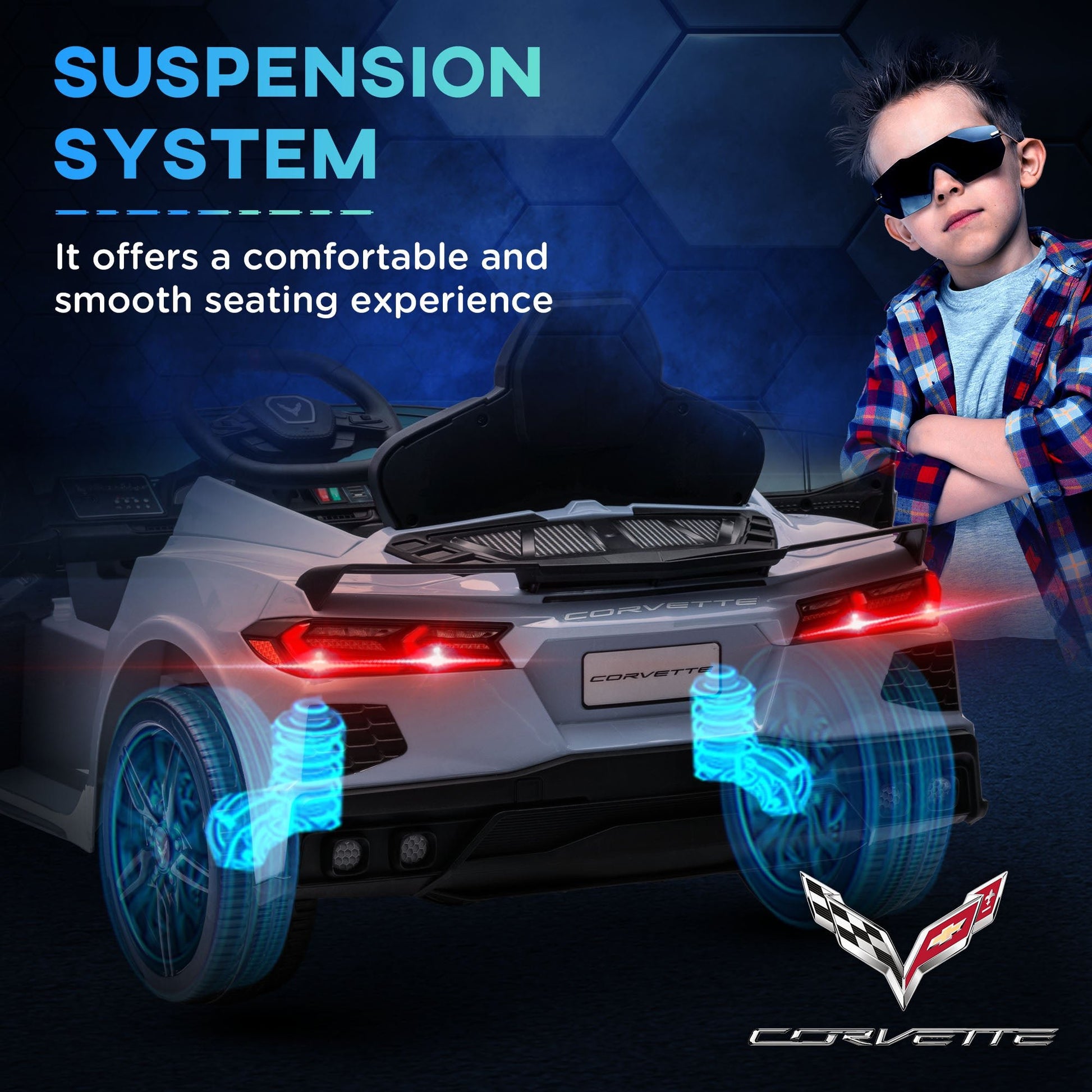 12V Kids Electric Car Corvette Licensed w/ Remote Control, Suspension System, Music, Headlight, Slow Start, Light Blue Electric Toy Cars   at Gallery Canada