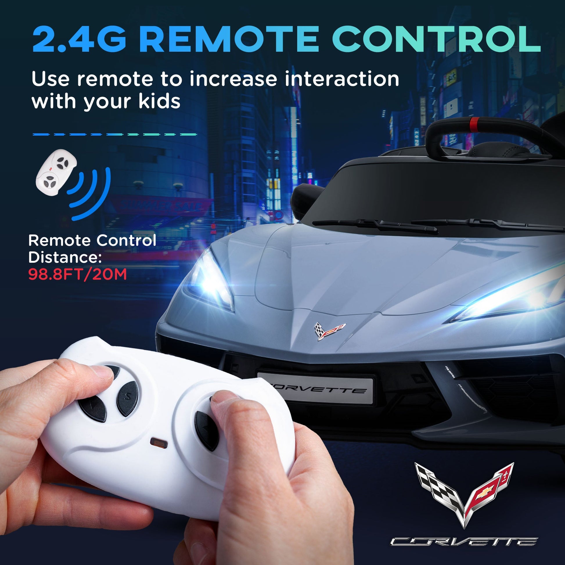 12V Kids Electric Car Corvette Licensed w/ Remote Control, Suspension System, Music, Headlight, Slow Start, Light Blue Electric Toy Cars   at Gallery Canada