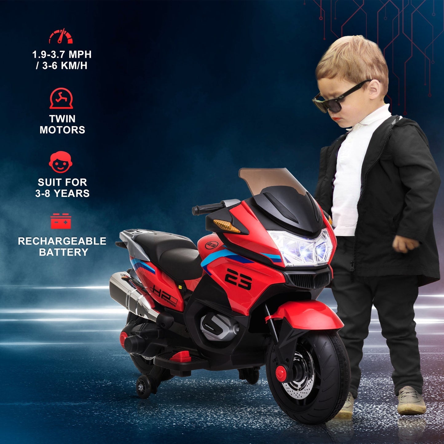 12V Kids Motorcycle with Training Wheels, Battery-Operated Motorbike for Kids with Lights, Music, up to 3.7 Mph, Red Electric Motorcycles   at Gallery Canada