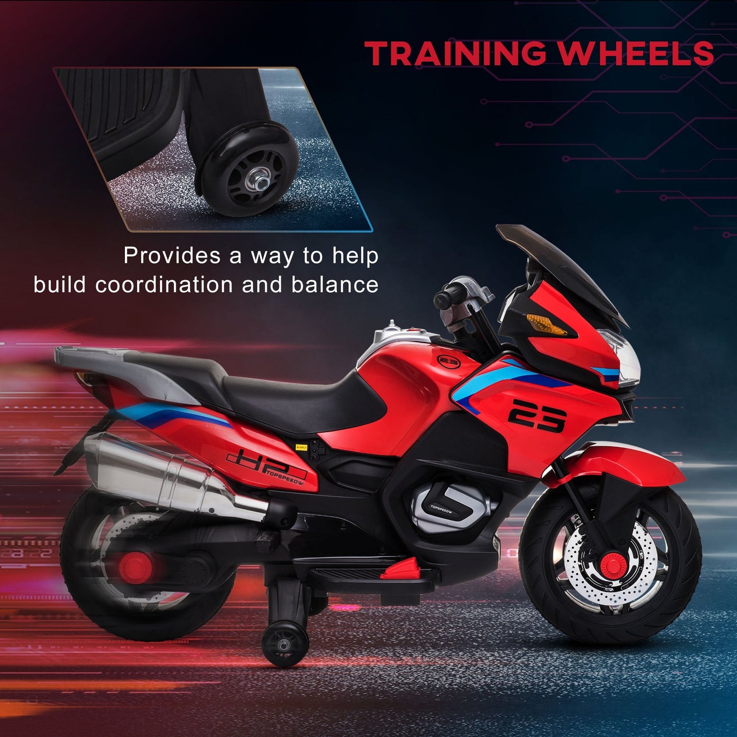 12V Kids Motorcycle with Training Wheels, Battery-Operated Motorbike for Kids with Lights, Music, up to 3.7 Mph, Red Electric Motorcycles   at Gallery Canada