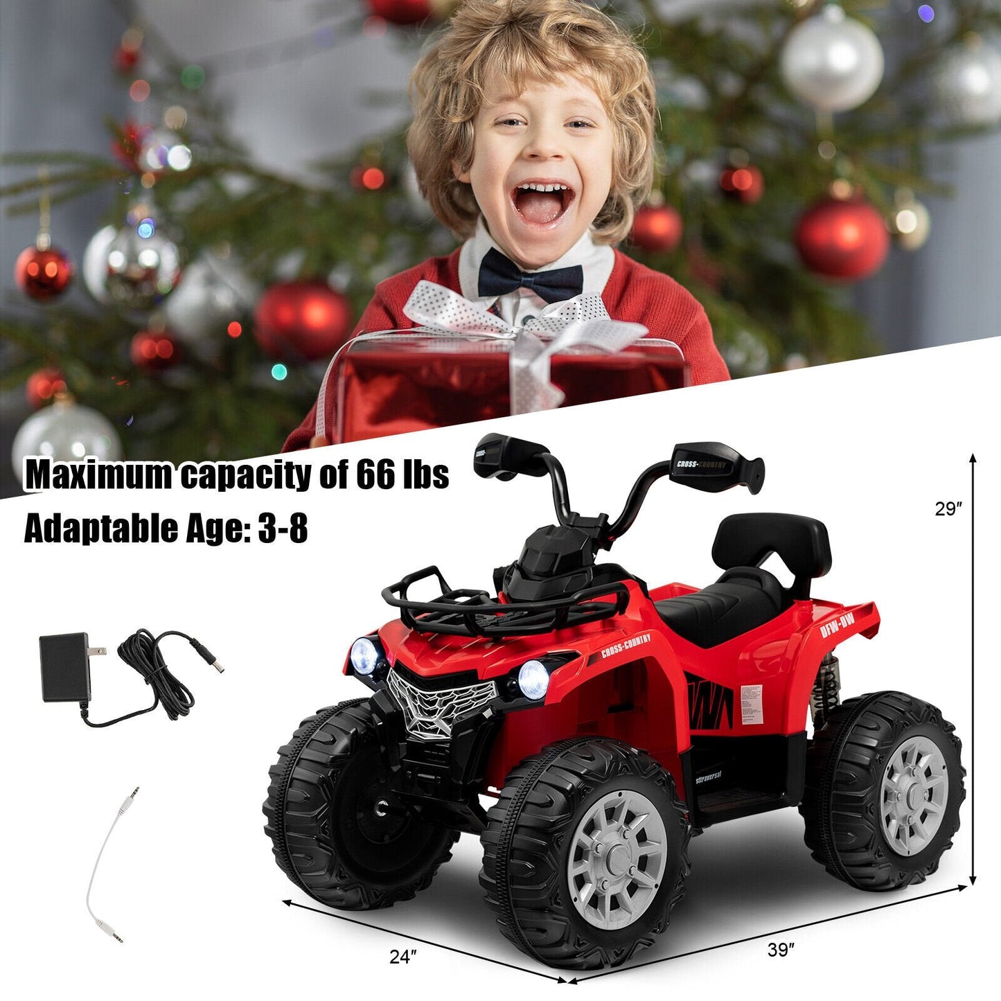 12V Kids Ride On ATV 4 Wheeler with MP3 and Headlights, Red Powered Ride On Toys   at Gallery Canada