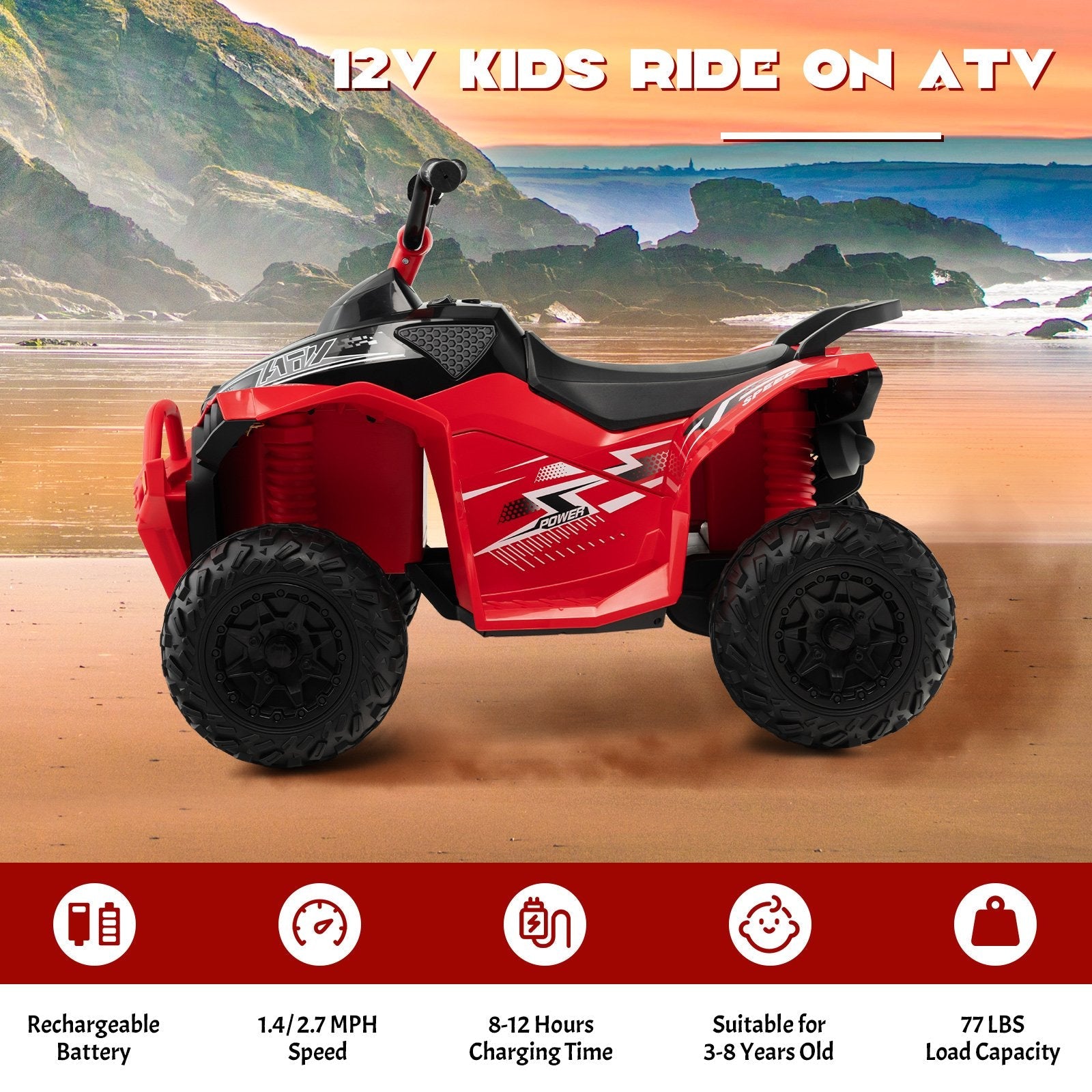 12V Kids Ride On ATV with High/Low Speed and Comfortable Seat, Red Powered Ride On Toys   at Gallery Canada