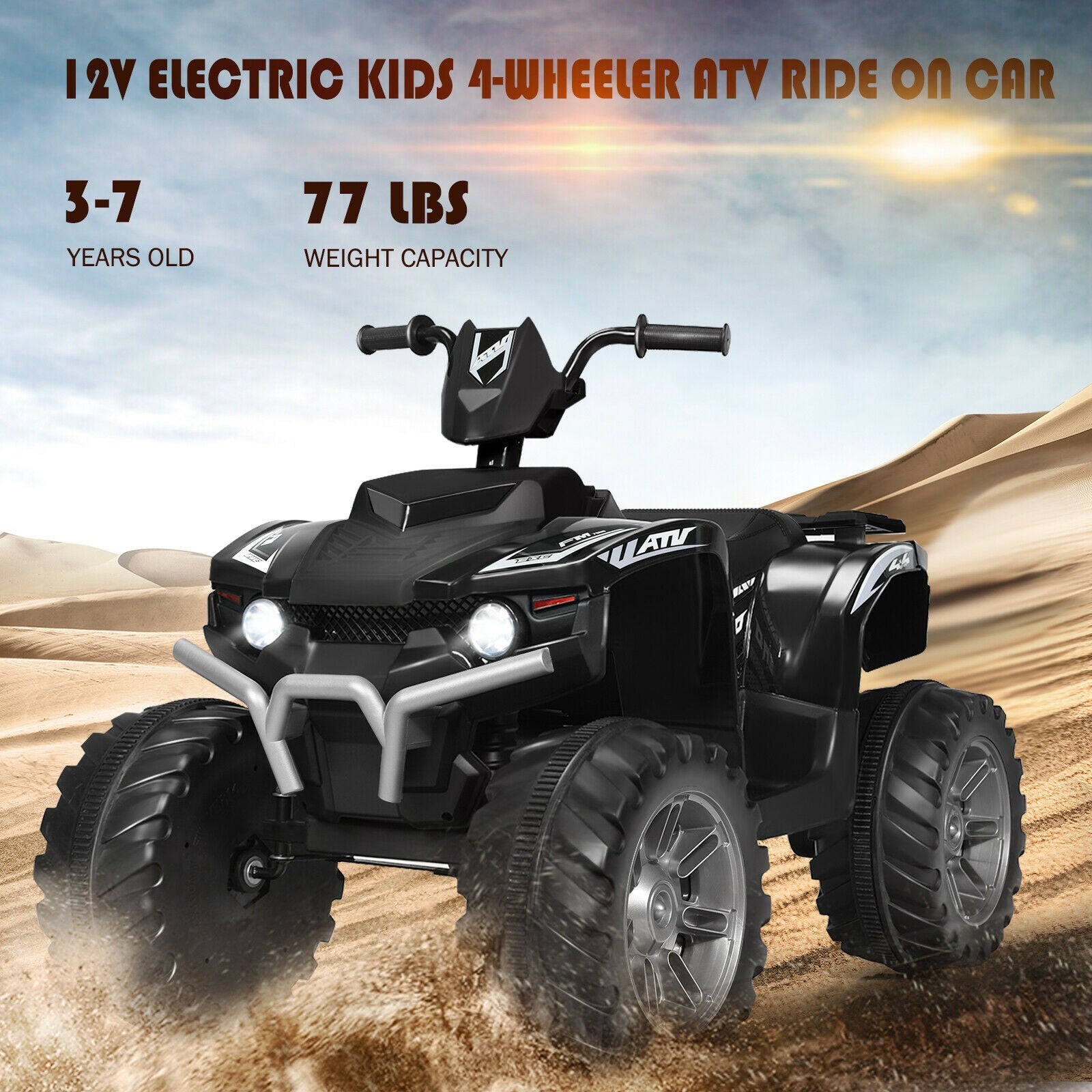 12V Kids Ride on ATV with LED Lights and Treaded Tires and LED lights, Black Powered Ride On Toys   at Gallery Canada