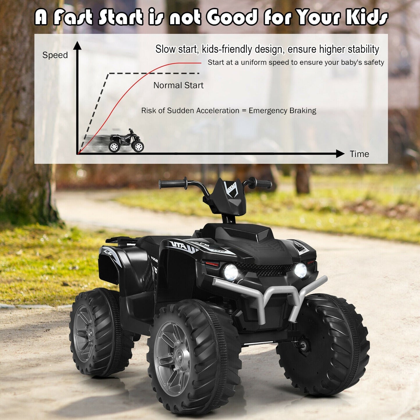 12V Kids Ride on ATV with LED Lights and Treaded Tires and LED lights, Black Powered Ride On Toys   at Gallery Canada