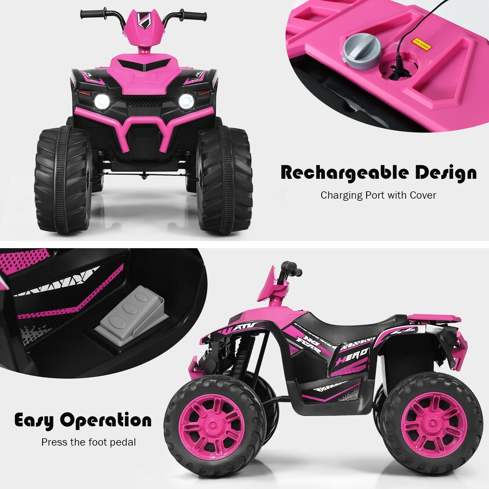 12V Kids Ride on ATV with LED Lights and Treaded Tires and LED lights, Pink Powered Ride On Toys   at Gallery Canada