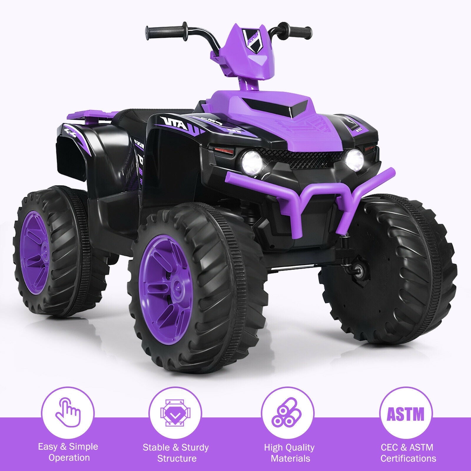 12V Kids Ride on ATV with LED Lights and Treaded Tires and LED lights, Purple Powered Ride On Toys   at Gallery Canada