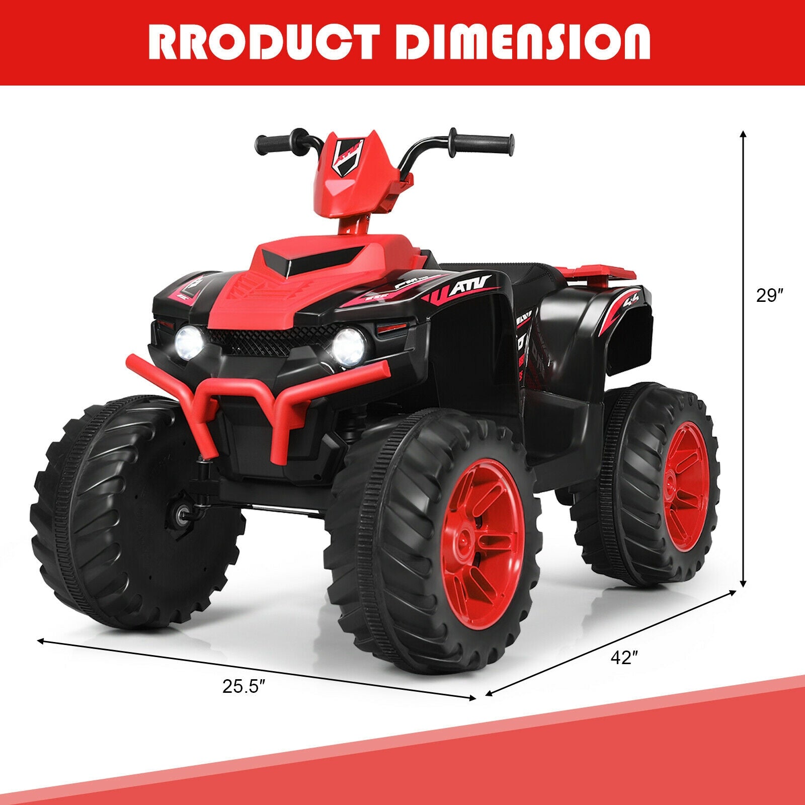 12V Kids Ride on ATV with LED Lights and Treaded Tires and LED lights, Red Powered Ride On Toys   at Gallery Canada