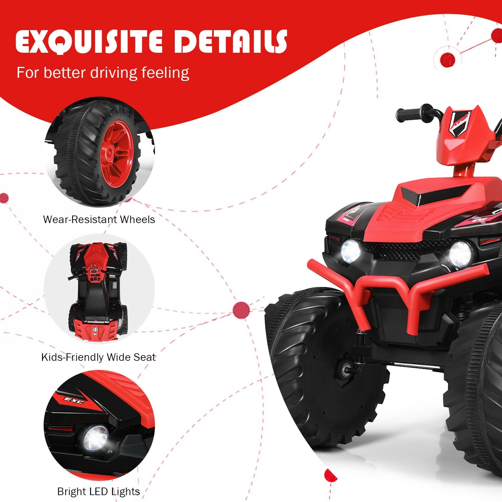 12V Kids Ride on ATV with LED Lights and Treaded Tires and LED lights, Red Powered Ride On Toys   at Gallery Canada