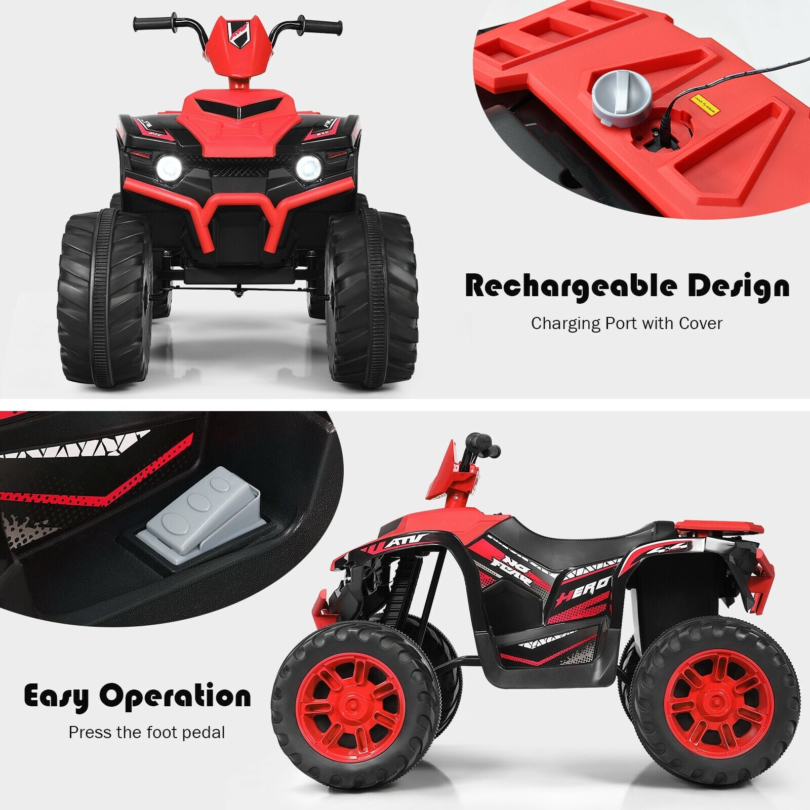 12V Kids Ride on ATV with LED Lights and Treaded Tires and LED lights, Red Powered Ride On Toys   at Gallery Canada