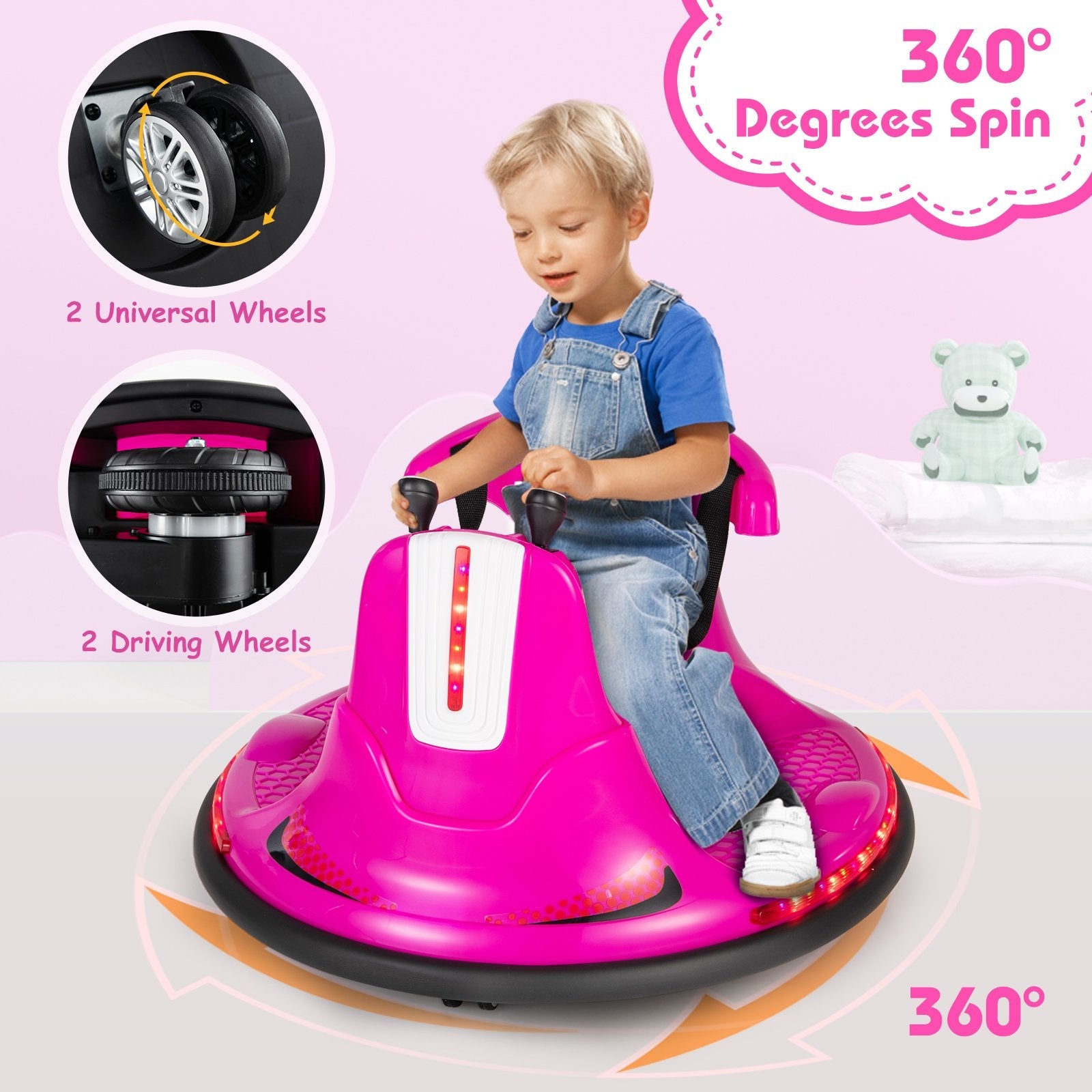 12V Kids Ride On Bumper Car with Remote Control Lights and Music, Pink Powered Ride On Toys   at Gallery Canada