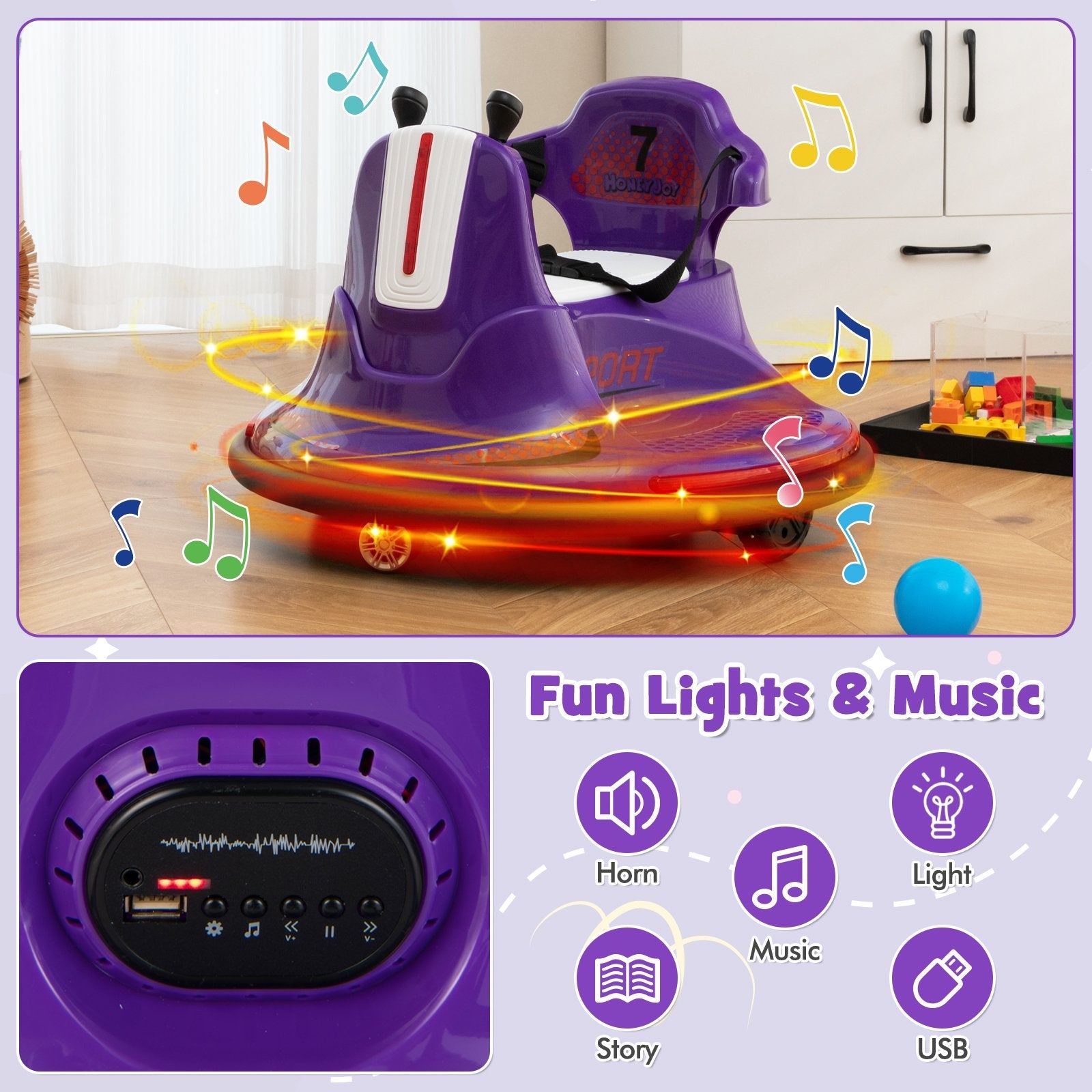 12V Kids Ride On Bumper Car with Remote Control Lights and Music, Purple Powered Ride On Toys   at Gallery Canada