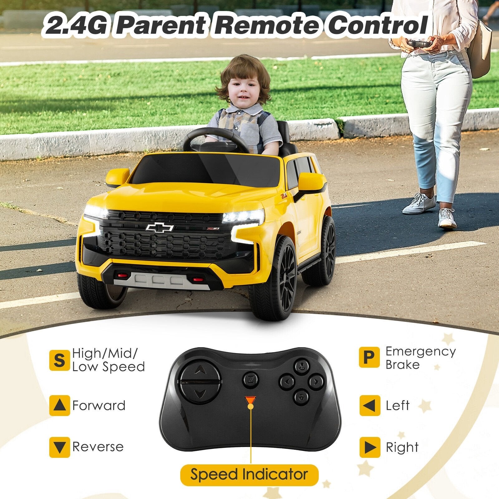 12V Kids Ride on Car with 2.4G Remote Control, Yellow Powered Ride On Toys   at Gallery Canada