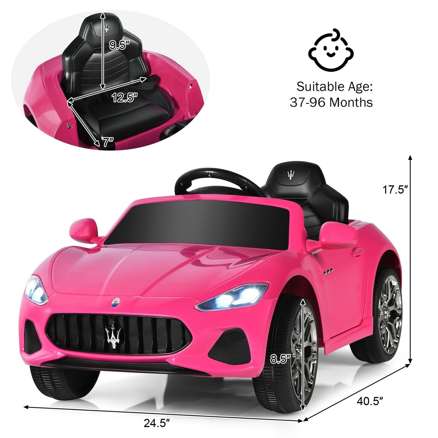 12V Kids Ride-On Car with Remote Control and Lights, Pink Powered Ride On Toys   at Gallery Canada