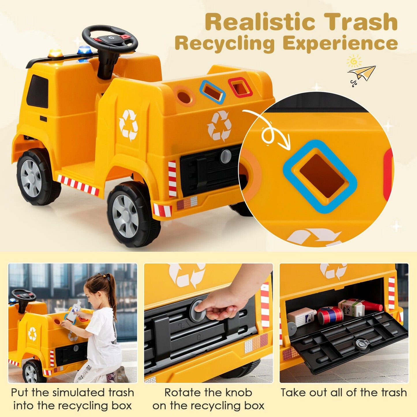 12V Kids Ride-on  Garbage Truck with Warning Lights and 6 Recycling Accessories, Yellow Powered Ride On Toys   at Gallery Canada